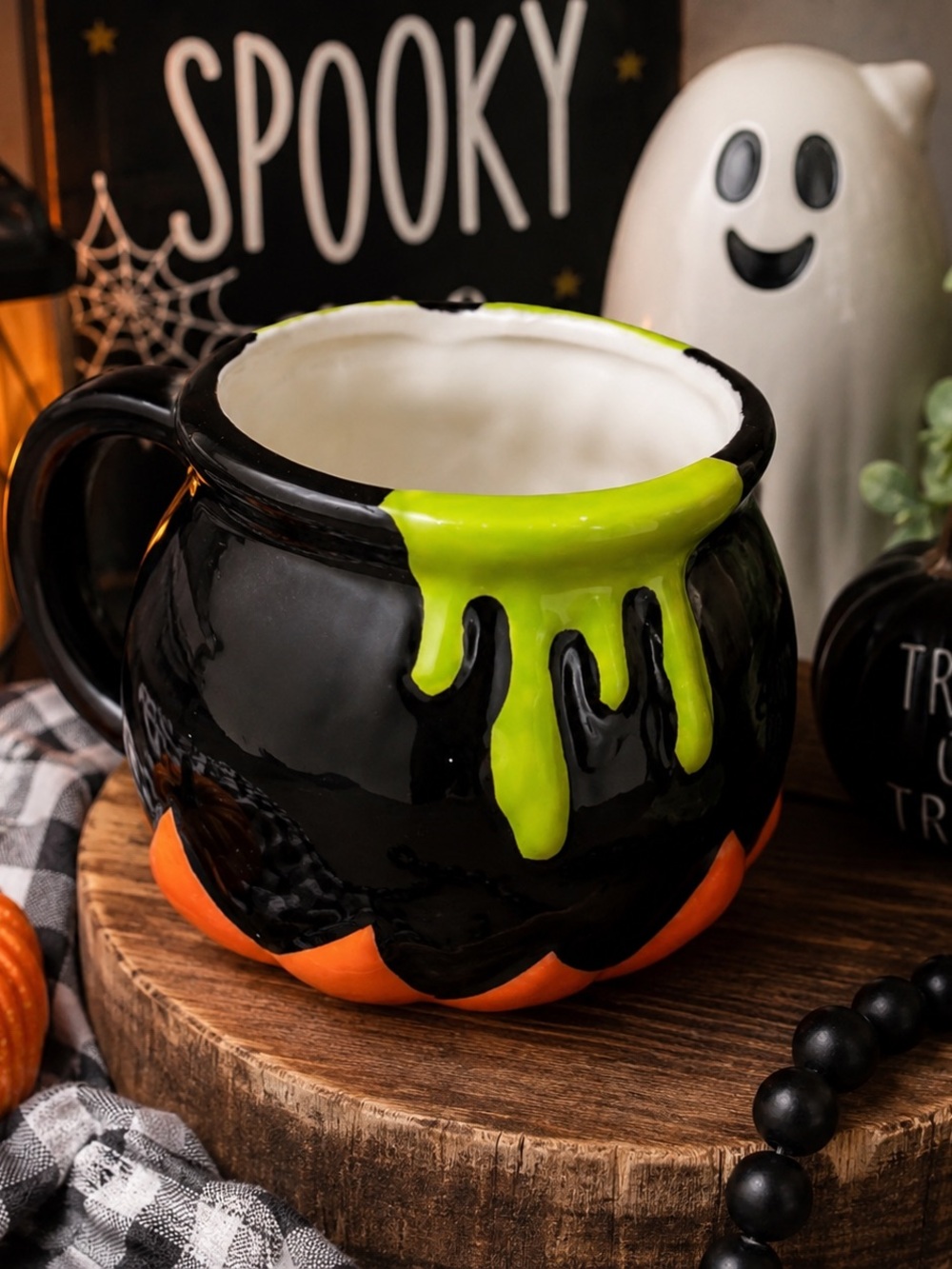 Halloween Cauldron Ceramic Coffee Mug - Black & Orange with Green Drip